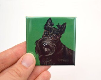Scottish Terrier Magnet. Dogs in Glasses. 2" square refrigerator magnet. Cute scottie dog magnet. Funny hipster fridge magnet.