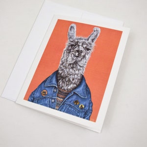 Party Llama Greeting Card. 4x5 blank card. 90's outfit denim jacket. Birthday card. Friendship card. Congratulations card. Alpaca card.