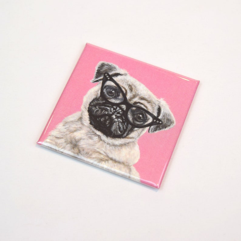 Pug Dogs in Glasses. 2 Square Refrigerator Cute Dog Funny Hipster Fridge