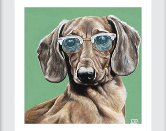Dachshund Art Print: Wiener Dog in Hipster Glasses, 8x8