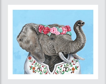 Limited Edition Festival Elephant Art Print. Comes with White Mat. Home Decor. Animal Nursery Wall Art. Hipster Funny Art.