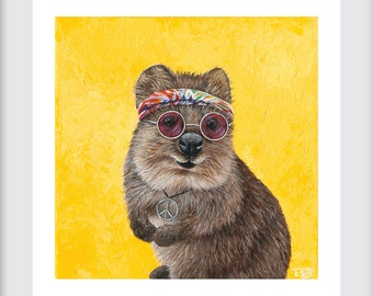Hippie Quokka Art Print, Funny Animal Wall Decor