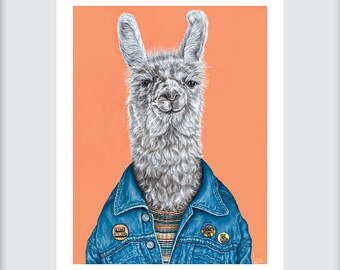 Party Llama Kunstdruck, Hipster Tier in Kleidung, Limitierte Auflage