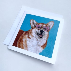 Tarjeta de felicitación de Corgi. Perros con anteojos. Tarjeta en blanco de 5 x 5. Tarjeta de cumpleaños. Tarjeta de compromiso y boda. Tarjeta de felicitaciones.