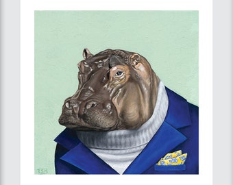 Limited Edition Suave Hippo Art Print. Home Decor. Animal Wall Art. Nursery Art. Hipster Funny Art. Animal Painting. Animals in Clothes.