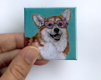 Corgi Magnet. Dogs in Glasses. 2" square refrigerator magnet. Cute corgi dog wearing heart glasses. Funny hipster puppy fridge magnet.