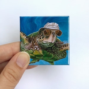 Turtle Magnet. Fear and Loathing in the Pacific Turtle. 2&quot; square refrigerator magnet. Cute sea creature animal magnet. Funny fridge magnet.