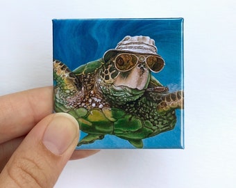 Turtle Magnet. Fear and Loathing in the Pacific Turtle. 2" square refrigerator magnet. Cute sea creature animal magnet. Funny fridge magnet.