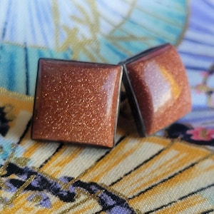 Geometric Earrings, Vintage Sterling Silver and Goldstone Squares, Jewelry Gift For Her, Mid Century Modern Fashion, Burnt orange, Clip On