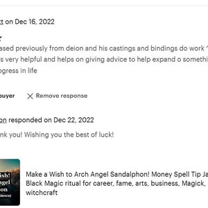 Puede incluir: Una ficha de producto para un tarro de hechizos de dinero "Make a Wish to Arch Angel Sandalphon!" La ficha incluye una descripci&oacute;n del tarro como un ritual de magia negra para la carrera, la fama, las artes, los negocios, la magia y la brujer&iacute;a wicca.