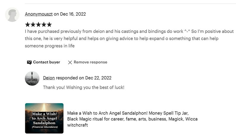 Puede incluir: Una ficha de producto para un tarro de hechizos de dinero "Make a Wish to Arch Angel Sandalphon!" La ficha incluye una descripci&oacute;n del tarro como un ritual de magia negra para la carrera, la fama, las artes, los negocios, la magia y la brujer&iacute;a wicca.