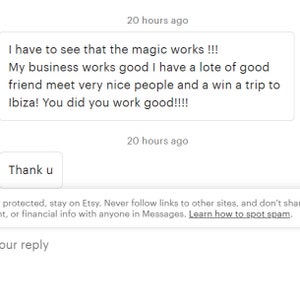 May include: Screenshot of a conversation on Etsy. The buyer is very happy with their purchase and says they won a trip to Ibiza. The seller responds with "Thank u".