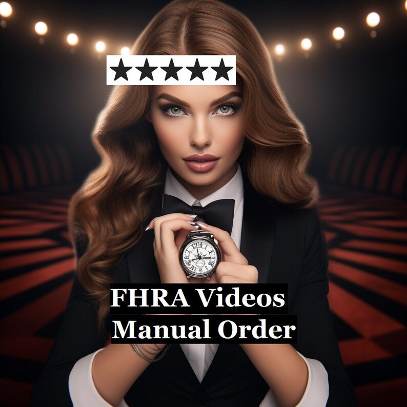 Puede incluir: Una mujer con un traje negro y pajarita sostiene un reloj de bolsillo frente a un fondo rojo y negro. El texto "FHRA Videos Manual Order" est&aacute; debajo del reloj.