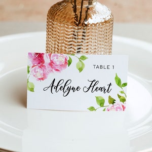 ETTA Hot Pink Floral Place Card Template, Bright Blush bubblegum pink Escort Card, Wedding Name card Table Decor, digital