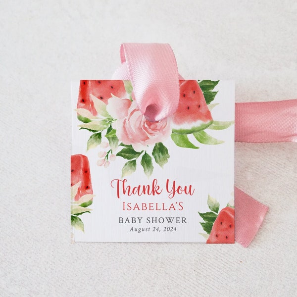 Watermelon Baby Shower Favor Tag, Girl Pink Baby Shower Gift tag, Summer Sweet Melon Party Decor, Pink Floral, Editable text, WM