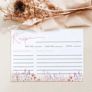 Purple Pink Wildflower Recipe card Template, Printable Love in Bloom Bridal Shower Recipe cards, Spring Summer Floral Recipe cards, Noemie