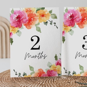 Cartes florales d'étape importante printemps-été florales colorées d'étape importante du mois, pêche rose jaune, téléchargement immédiat, SARAI