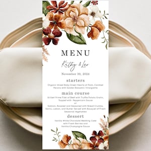 Menu floral automne bourgogne MEADOW, menu de dîner de mariage fleur d'oranger brûlé, décoration de table de douche, carte de menu numérique