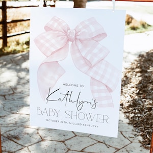 Aurora// Girl Pink Gingham Bow Baby Welcome Sign Template, Coquette Girl Party Welcome Decor, Baby Shower Poster, Instant Download