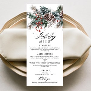 Menu de fête de Noël, menu forêt d'hiver, menu de dîner de vacances, décoration de fête d'amis, carte de menu numérique, MAE