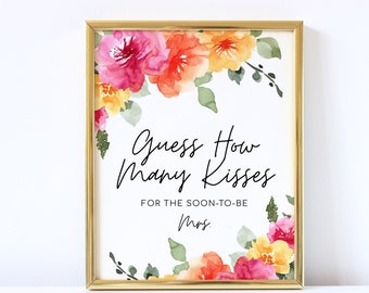 SARAI How Many Kisses Sign, Peach Pink Yellow Floral Bridal Shower Sign Game, Colorful Spring Summer Floral Bridal Decor, Digital