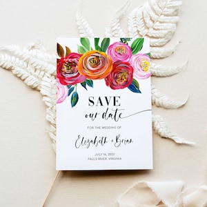 BUNTE Florale Save the Date Einladungsvorlage, Sommer Acryl Save our Date Einladung, lila, rot, rosa, orange Farben (Yvonne)