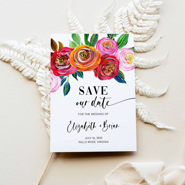 COLORFUL Bright Floral Save the Date Invitation Template, Summer Acrylic Save our Date Invite, purple, red, pink, orange colors (Yvonne)