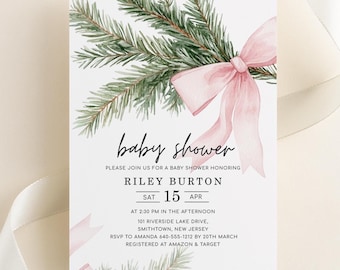 May include: A baby shower invitation with a watercolor design. The invitation features the text "baby shower" in a script font, along with event details. A pink bow and evergreen branches accent the top left corner. The date is Saturday, April 15.