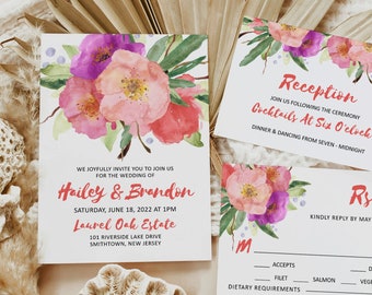 Pink Purple Garden Blooms Floral Wedding Invitations, Printable Summer Wedding invitation Suite, Editable text, Hailey