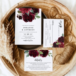Burgundy Floral Wedding Invitation Template, Summer Red Fall Floral Wedding Invites, Digital, AILA