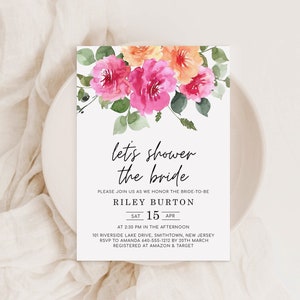 SLOAN Colorful Invitation, Bridal Shower, Editable Template PDF text, Peach Pink Yellow Flowers, Bright Pink Roses