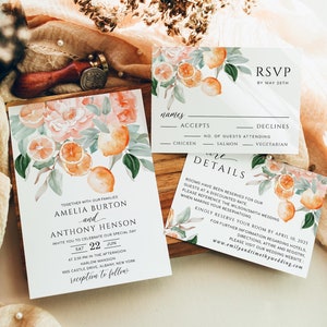 Citrus Floral Wedding Invitation Template, Summer Peach Blush Floral Wedding Invites, Digital, Linnea