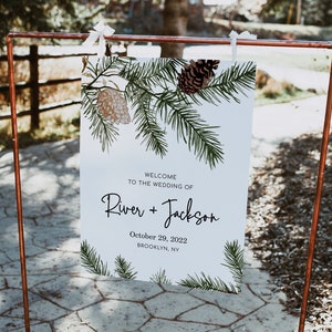 Winter Pine Wedding Welcome Sign Template, Printable Outdoor Wedding Decor, Green Forest, Digital Download, River