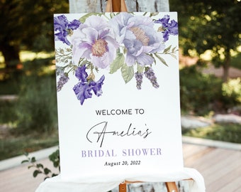 Purple Bridal Shower Welcome Sign Template, Floral Bridal Shower Decorations, Editable Printable DIY Poster, Aviana