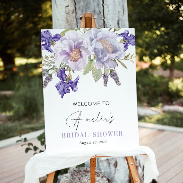 Purple Bridal Shower Welcome Sign Template, Floral Bridal Shower Decorations, Editable Printable DIY Poster, Aviana