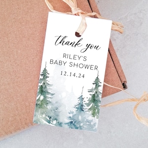 WINTER Favor Tags, Forest  Pine Trees Baby Shower Gift tag template, Snowy Party Shower favors, digital tag, Raelynn