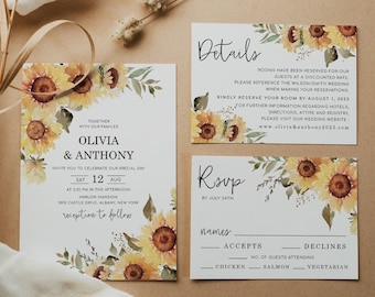 KENNEDY Sunflower Wedding Invitation Template, Rustic Yellow Summer Fall Wedding Invites, Digital