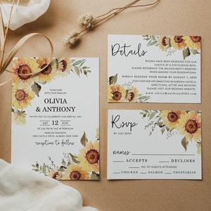 Modèle de faire-part de mariage KENNEDY tournesol, invitations de mariage automne été jaune rustique, numérique