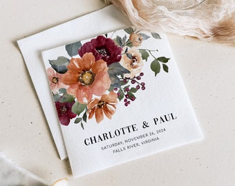 Fall Floral Cocktail Napkins, Rehearsal Dinner cocktail napkins, Cheers  Wedding Napkins NIA Orange Terracota Burgundy, DIY editable