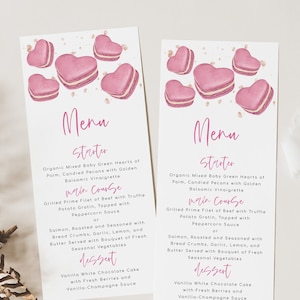 Modelo de menu do dia dos namorados, menu de jantar Pink Hearts Macarons, decoração de festa dos namorados, menu Galentines, cartão de menu digital, Evie