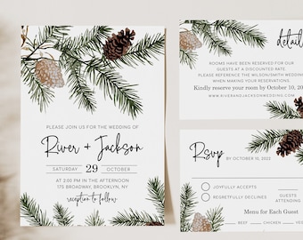 Plantilla de conjunto de invitación de boda de Pine Tree, Invitaciones de boda imprimibles en el bosque, Descarga digital, Río