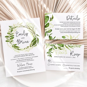 EMILY Greenery Wedding Invitation Template Set, Forest Leaf Wedding Invites, Digital image 5