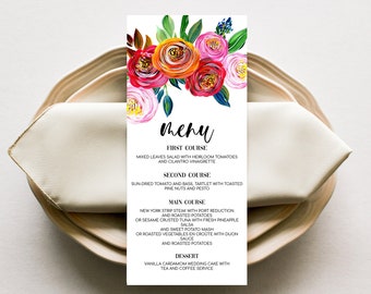 COLORFUL Bright Floral Menu Template, Summer Acrylic Shower Menu, Spring Wedding, purple, red, pink, orange colors (Yvonne)