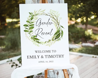 Editable Gender Reveal Welcome Sign Template (Emily) Greenery Garden Foliage Wreath, Digital Download