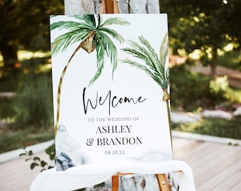 Palm Tree Welcome Sign, Tropical Wedding, Modern Wedding Sign, Beach, Editable PDF Template, Ella