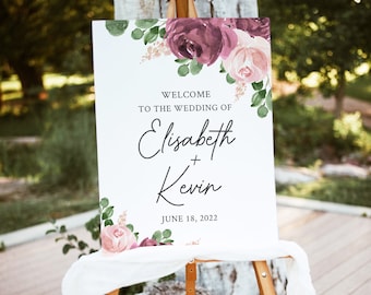 Pink Mauve Wedding Welcome Sign Template, Printable Floral Wedding Welcome Sign, Dusty Rose Decoration, Editable PDF, Livia