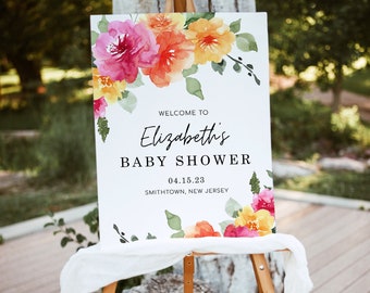 Pôster de boas-vindas para chá de bebê com estampa floral SARAI, decoração para chá de bebê, modelo de placa de boas-vindas em tons de pêssego, rosa e amarelo, download instantâneo, editável