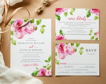 ETTA Hot Pink Floral Wedding Invitation Template, Bright Blush bubblegum pink Floral Wedding Invites, Digital