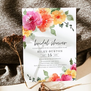SARAI Pfirsich Rosa Gelb Blumen Brautdusche Einladung Vorlage, Bunt Frühling Sommer Brautdusche Einladung Vorlage, Digital