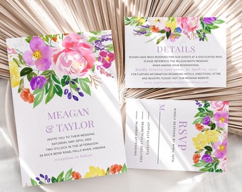 Colorful Pink Purple Yellow Floral Wedding Invitation Template, Bright Garden Spring Summer Floral Wedding Invites, Digital